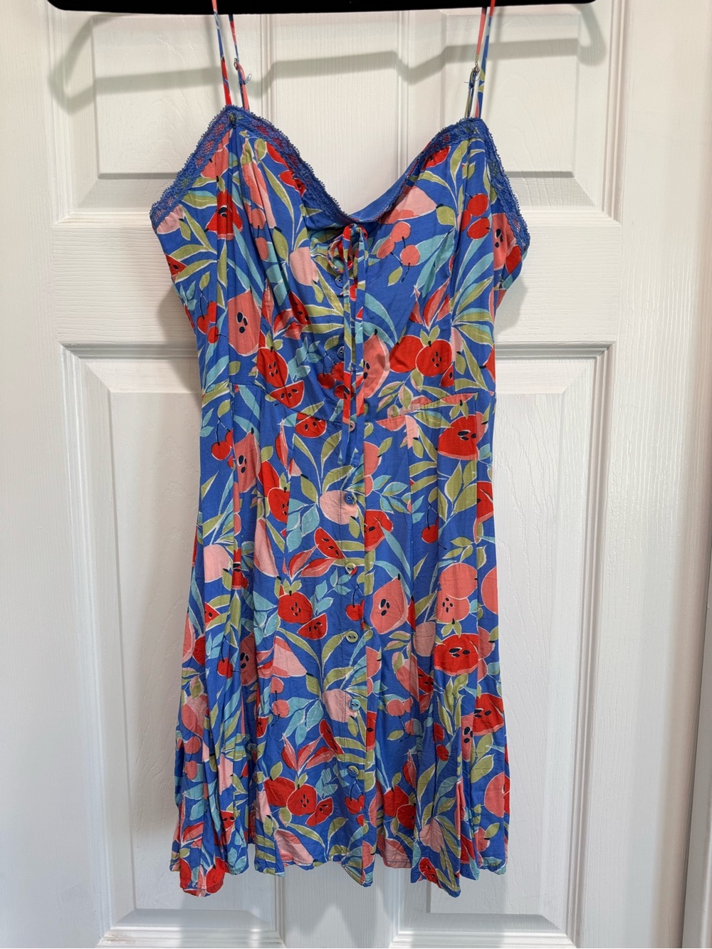 Lush Blue Floral Mini Dress with Coral and Pink Papaya Accents